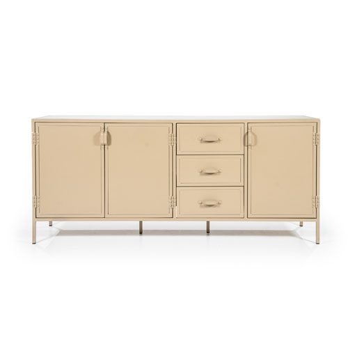 Beige metalen dressoir met drie deuren en drie lades.