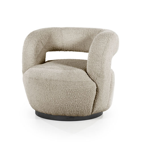 Ronde draaifauteuil met opening in de rugleuning. Uitgevoerd in taupe bouclé.