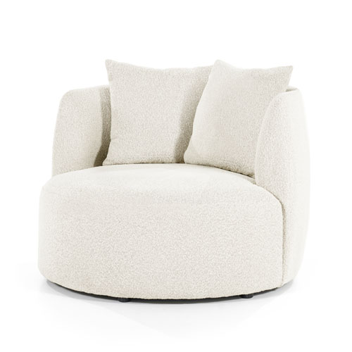 Ronde beige loveseat met twee losse rugkussens uitgevoerd in bouclé